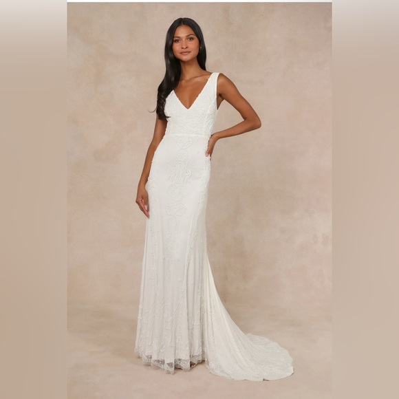 Lulus Passionate Romance White Beaded Sequin Mermaid Wedding Dress Medium 6  8
